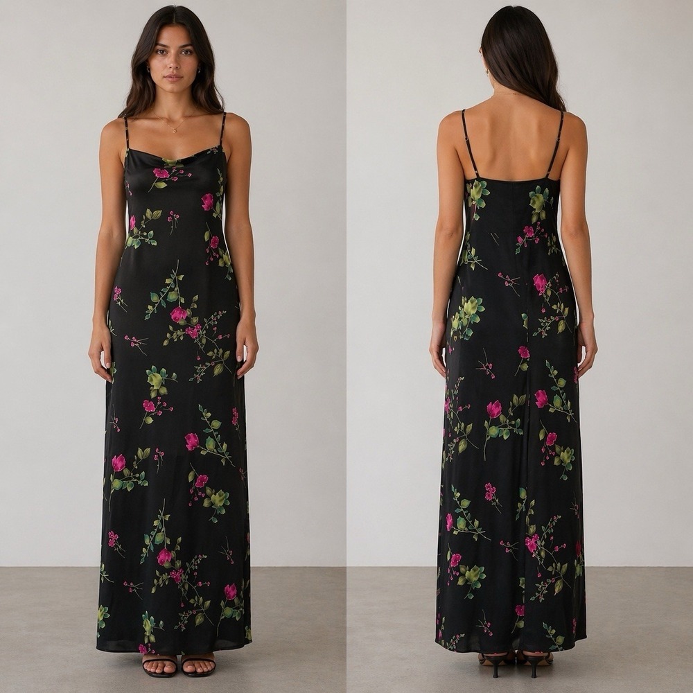 VTG Arianna By Rachel Kaye Maxi Slip Dress Side Slit Size 12 Black Floral
